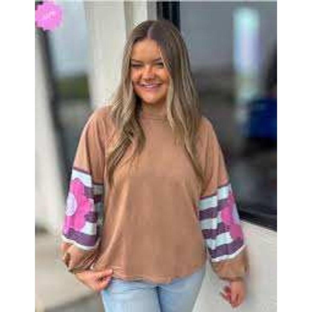 Long Sleeve Top Women 3XL Brown Floral Applique Boho Eclectic Cottagecore Quirky